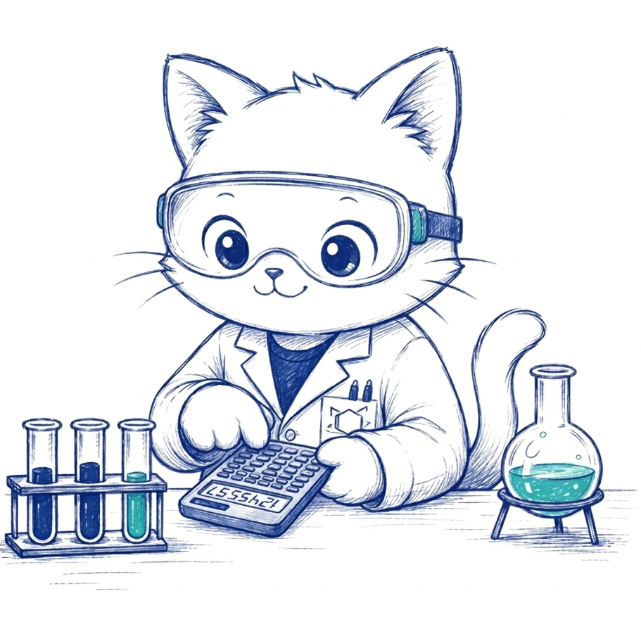 Chemi-Cat in a lab coat typing on a calculator