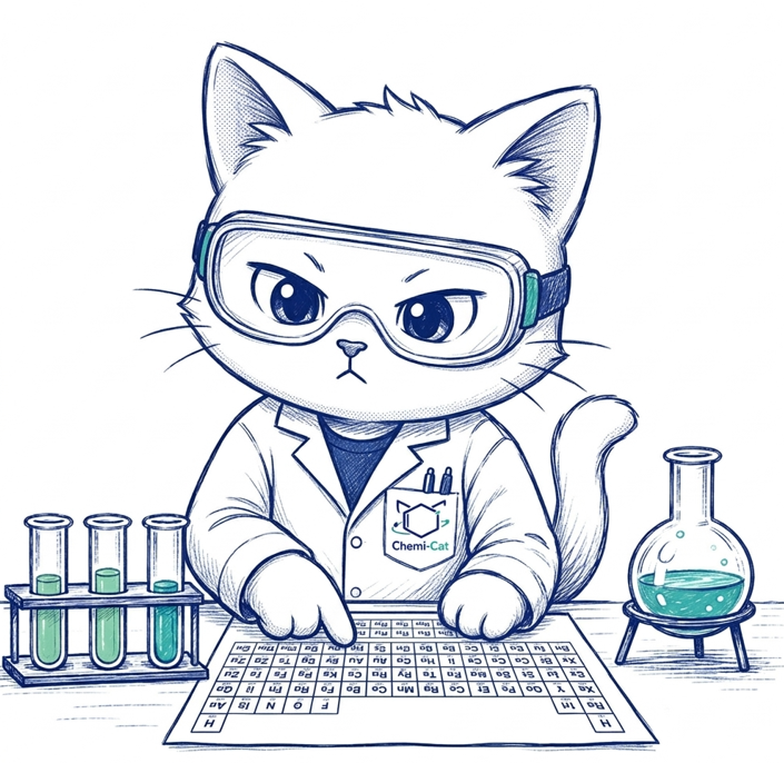 Chemi-Cat in goggles studying a periodic table